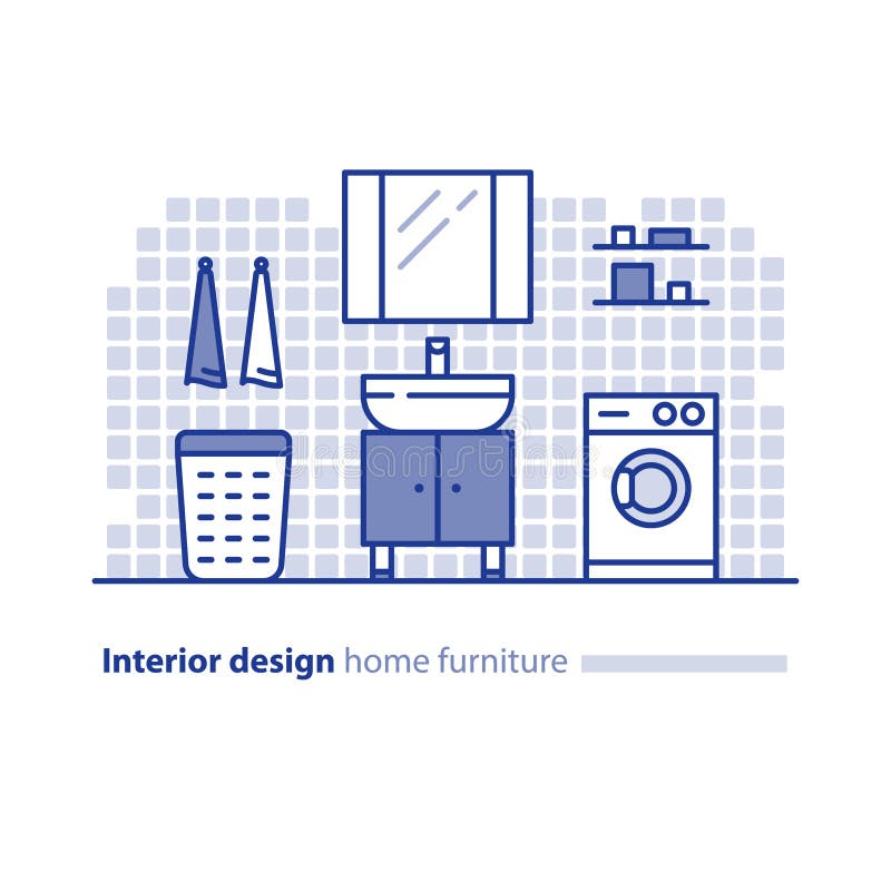 Bathroom furniture solution, interior design project, home improvement idea, washing machine stock illustration