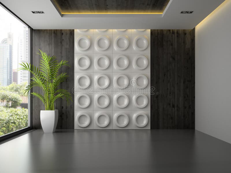 Interior of empty room with wall panel and palm 3D rendering 3. Interior of empty room with wall panel and palm 3D rendering stock photography