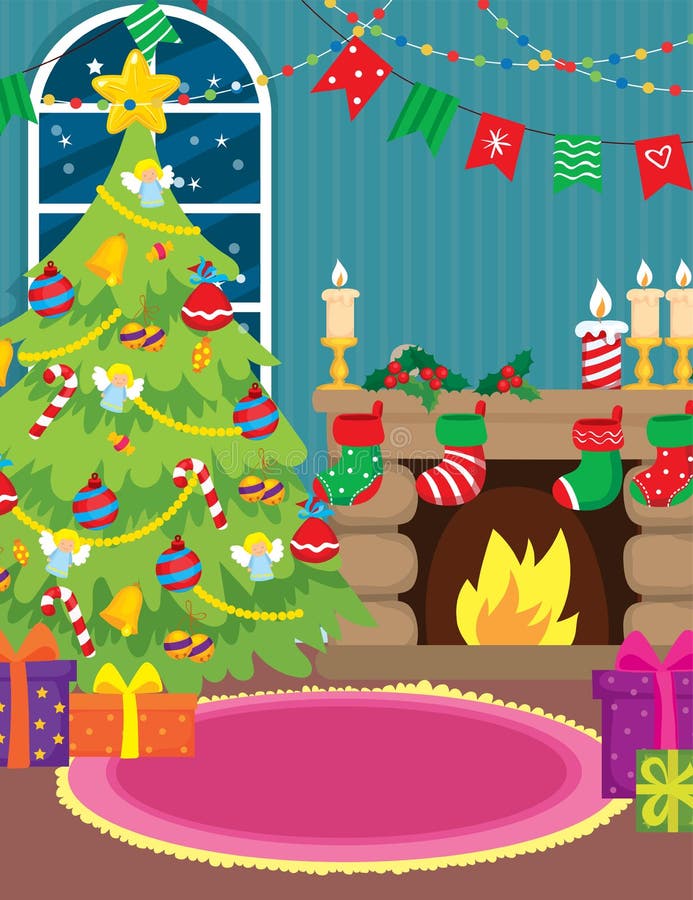 Interior With Fireplace And Christmas Tree vector illustration