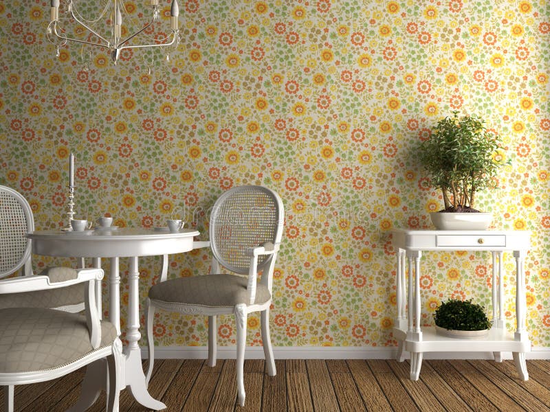 Interior flowery wallpaper. Home interior with flowery wallpaper and white furniture stock illustration