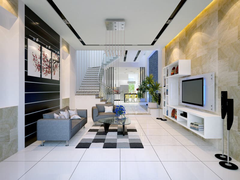 Interior of a modern house with living room stock photos