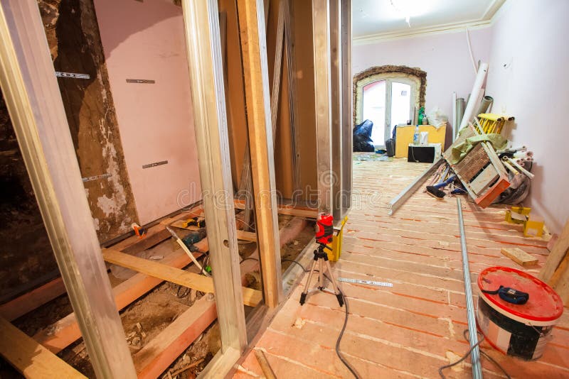 Interior of upgrade apartment with materials during on the remodeling, renovation, extension, restoration, reconstruction. And construction. making wall from royalty free stock photos