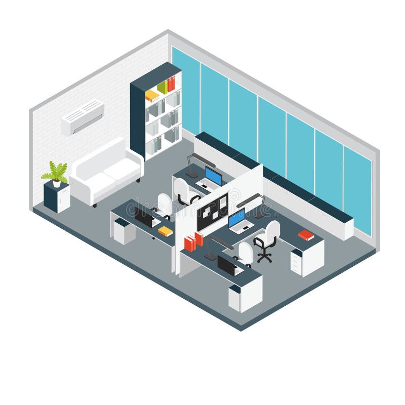 Isometric Interior Office Workplace Composition. Arrangement of furniture and equipment in miniature vector illustration vector illustration