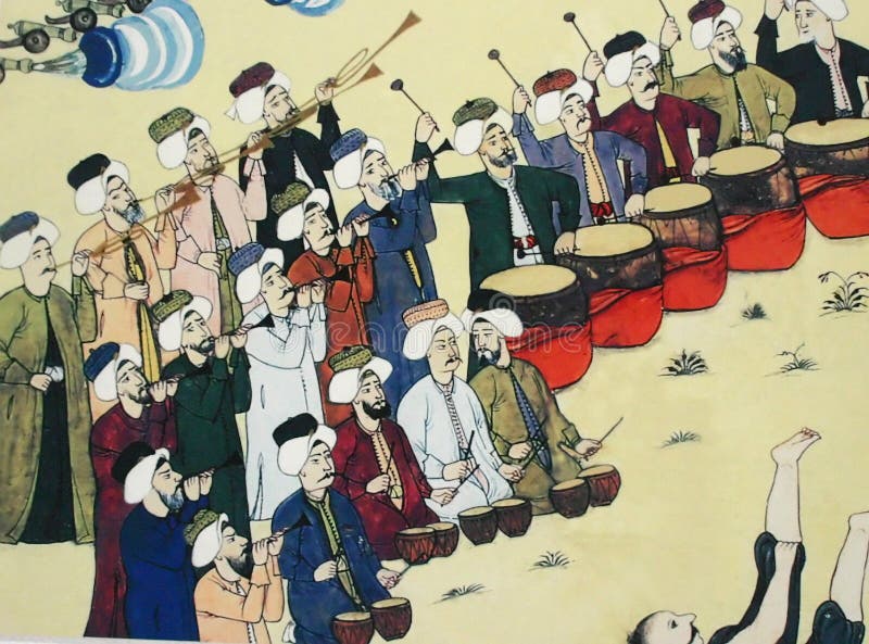 Janissary band performing, Ottoman painting. Askeri [Military] Museum Istanbul, Turkey royalty free stock photo