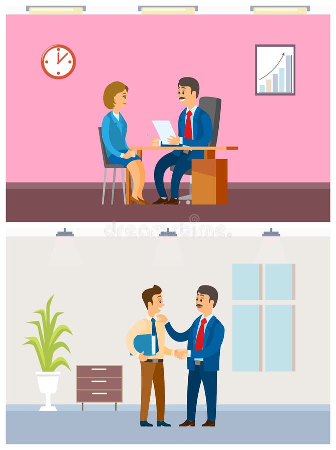 Job Interview and Working Task, Office Routine. Boss and employees, hiring worker and paperwork arrangement, company interior vector illustrations stock illustration