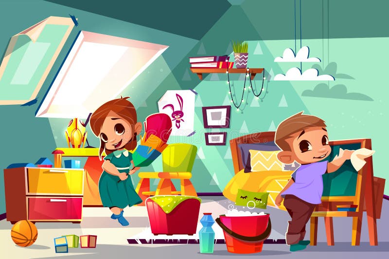 Kids cleaning in their room cartoon vector royalty free illustration