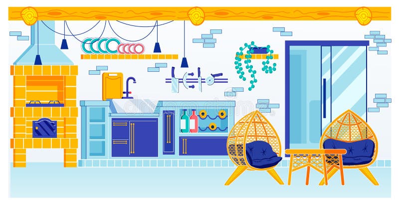 Kitchen Room Design with Furnace in Summer Cottage vector illustration