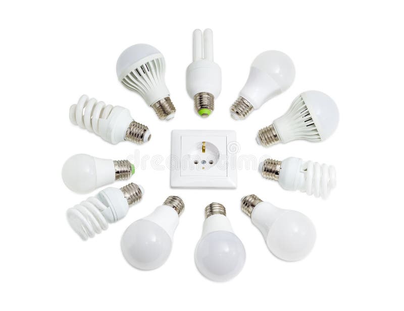 LED lamps and compact fluorescent lamps around socket outlet. Several different domestic light emitting diode lamps and compact fluorescent lamps with a sized royalty free stock photography LED lamps and compact fluorescent lamps around socket outlet. Several different domestic light emitting diode lamps and compact fluorescent lamps with a sized royalty free stock photography
