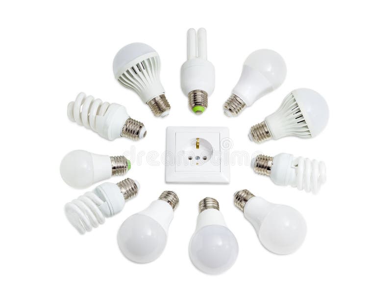 LED lamps and compact fluorescent lamps around socket outlet. Several different domestic light emitting diode lamps and compact fluorescent lamps with a sized royalty free stock photography