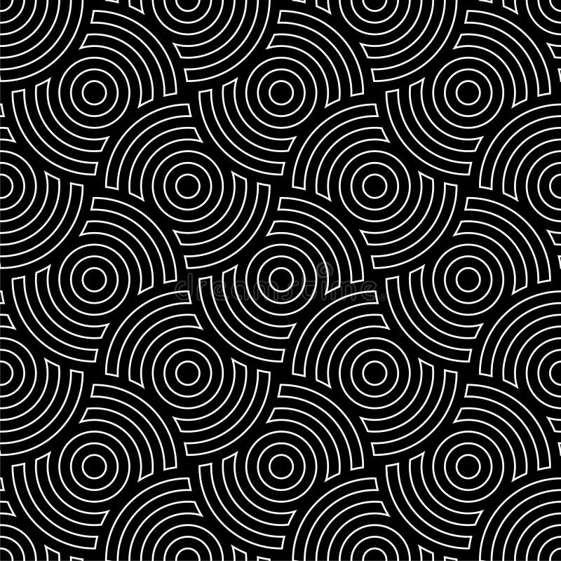 Line art circles seamless pattern. Black and white vector tileable background stock illustration