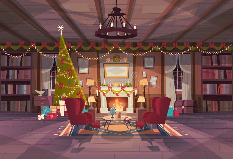 Living Room Decorated For Christmas And New Year, Empty Armchairs Near Pine Tree And Fireplace, Home Interior Decoration stock illustration