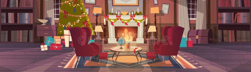 Living Room Decorated For Christmas And New Year, Empty Armchairs Near Pine Tree And Fireplace, Home Interior Decoration. Winter Holidays Concept Flat Vector stock illustration