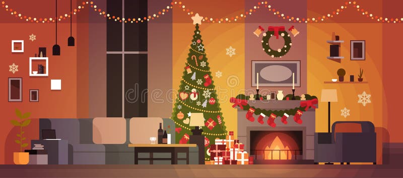 Living Room Decorated For Christmas And New Year With Fir Tree , Fireplace And Garlands Holidays Home Interior vector illustration