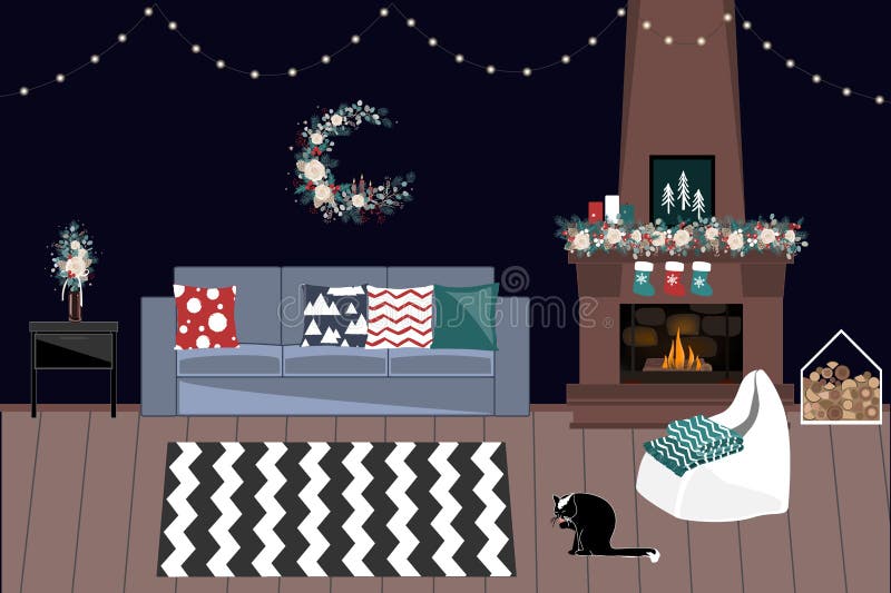 Living Room Decorated For Christmas And New Year With Fireplace, Garlands, and Winter Bouquets. Holidays Home Interior. Living Room Decorated For Christmas And vector illustration