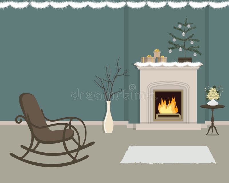 Living room with fireplace, decorated with Christmas decorations. The room has a rocking chair, a vase with decorative branches, Christmas tree with balls and royalty free illustration