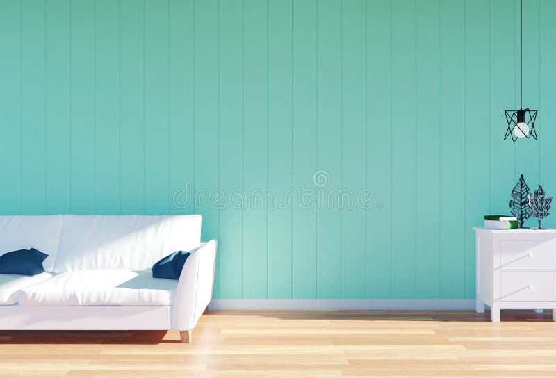 Living room interior - white leather sofa and green wall panel with space. 3D rendering royalty free stock image