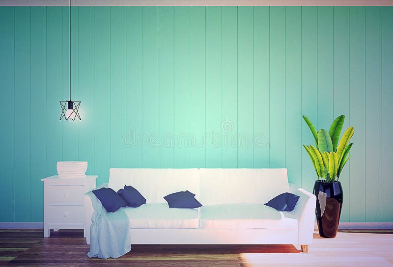 Living room interior - white leather sofa and green wall panel with space in soft filter. 3D rendering royalty free stock image