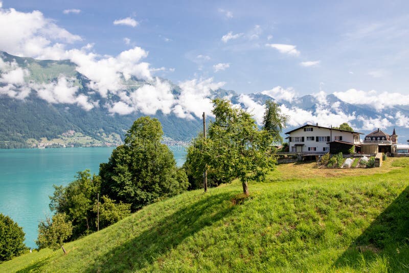 The local Swiss houses with Alps landscape , Switzerland. Thun lake stock photography