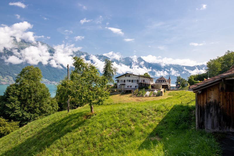 The local Swiss houses with Alps landscape , Switzerland. The local Swiss houses with Alps landscape, Switzerland. Tun Lake. traditional swiss hauses stock images