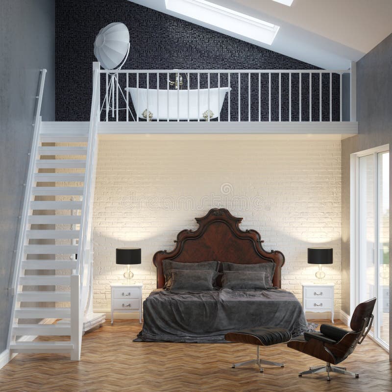 Loft Bedroom Vintage Interior With Brick Wall And Bathtub royalty free stock image