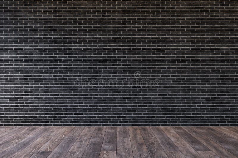 Loft interior with blank black brick wall and wooden floor. 3d render illustration mock up stock photography