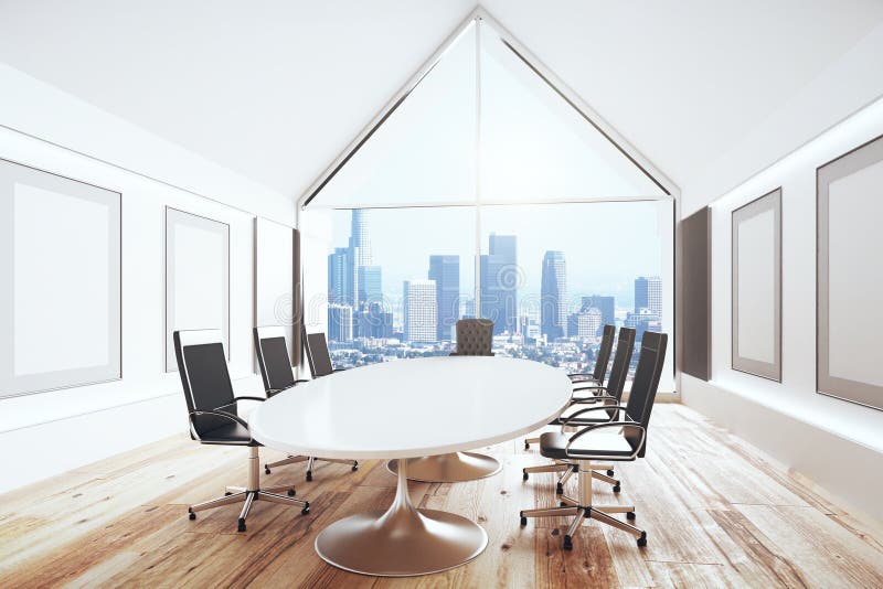 Luxury conference room with desk and chairs and big window royalty free illustration