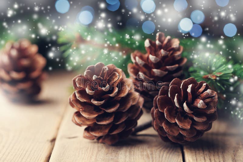Magic composition with pine cones and fir tree branch on rustic wooden table. Christmas card. Snow effect. royalty free stock photography Magic composition with pine cones and fir tree branch on rustic wooden table. Christmas card. Snow effect. royalty free stock photography