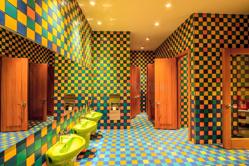 Marriott Hotel nursery room toilet with its colorful interior is performed in modern original stylish and children friendly design. Sochi, Russia - March 5, 2014 stock image