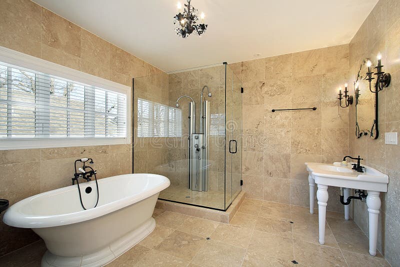 Master bath with large glass shower stock images
