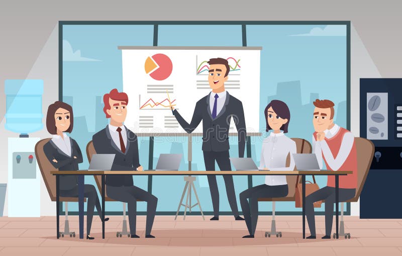 Meeting office interior. Business conference room with people managers working team vector cartoon interior royalty free illustration