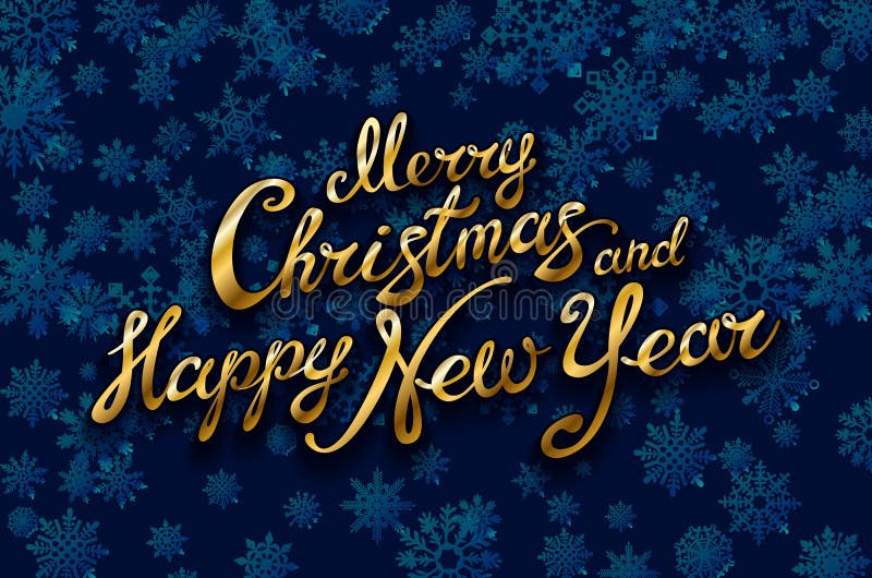 Merry Christmas and Happy New Year gold Shiny Glitter. Calligraphy Typographical on golden Xmas background with winter landscape w stock illustration