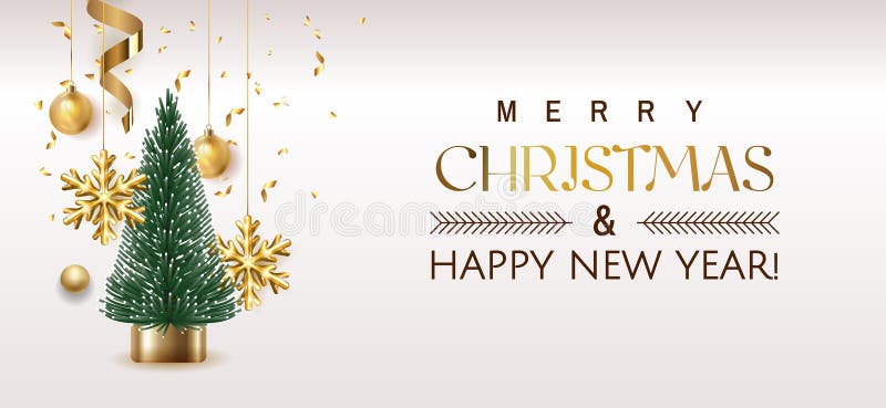 Merry Christmas and Happy New Year Holiday white banner illustration. Xmas design with realistic vector 3d objects stock illustration Merry Christmas and Happy New Year Holiday white banner illustration. Xmas design with realistic vector 3d objects stock illustration