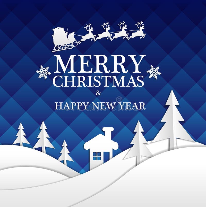 Merry Christmas and Happy New Year white paper cut on blue night design for holiday festival celebration night party vector. royalty free illustration