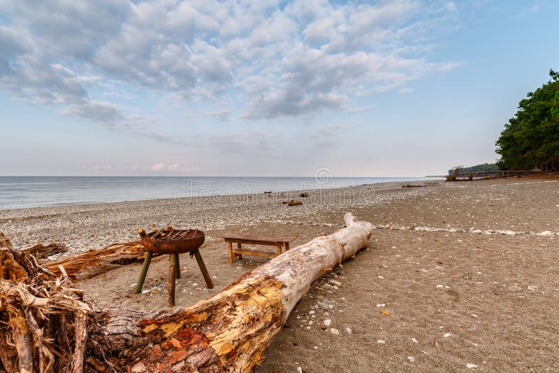 Metal brazier, the trunk of a fallen tree and a bench are stand on the deserted shore of a calm sea on a summer evening stock images