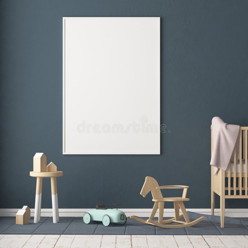 Mock up poster in the children`s room. Children`s room in Scandinavian style. 3d illustration. stock illustration