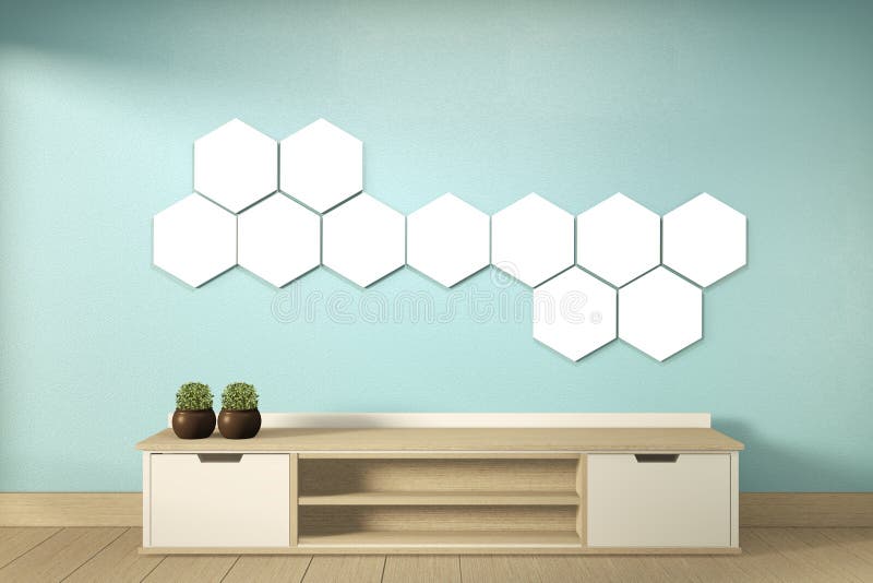 Mock up Tv shelf and hexagon lamp on wall mint room modern tropical style - empty room interior - minimal design. 3d rendering stock images