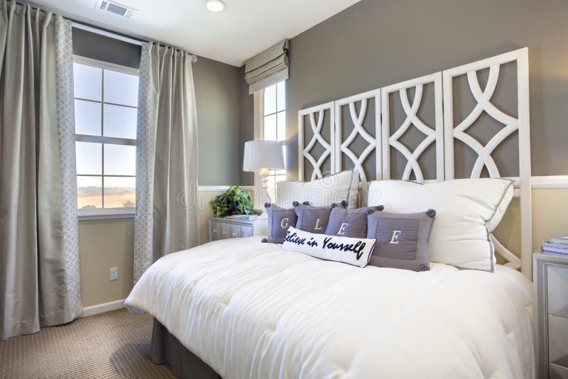 Model Home Bedroom - Taupe & White stock image