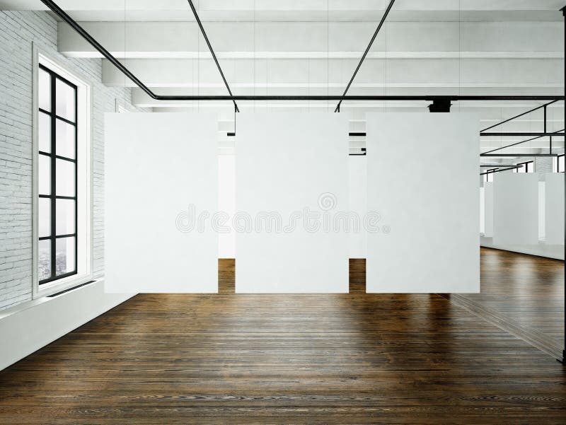 Modern art museum expo in loft interior. Open space studio.Empty white canvas hanging.Wood floor, bricks wall,panoramic. Windows.Blank frames ready for stock photo