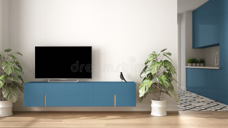Modern blue colored minimalist living room with small kitchen, parquet floor, tv cabinet, potted plant. Scandinavian colored tiles stock photo Modern blue colored minimalist living room with small kitchen, parquet floor, tv cabinet, potted plant. Scandinavian colored tiles stock photo