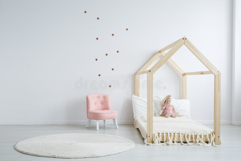 Modern children`s furniture in bedroom stock images