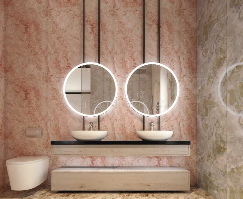 Modern interior design of bathroom vanity, all walls made of stone slabs with circle mirrors royalty free stock photo