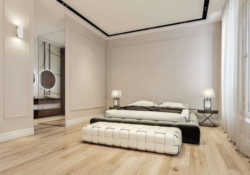 Modern interior design of master bedroom with large bathroom, king size bed with bed sheets royalty free stock photo