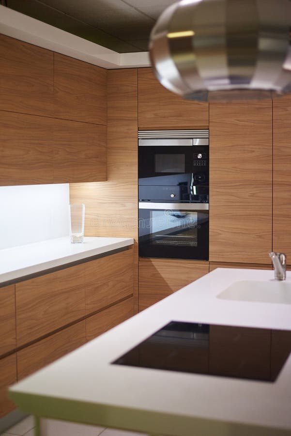 Modern Kitchen exhibition made of wood stock image Modern Kitchen exhibition made of wood stock image
