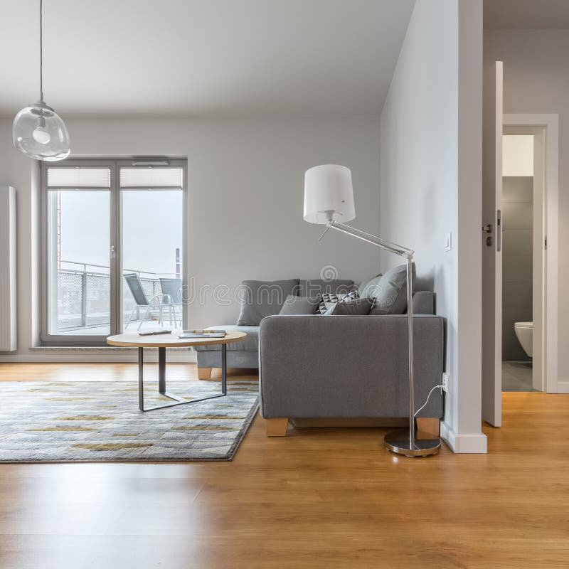 Modern living room next to bathroom royalty free stock photos