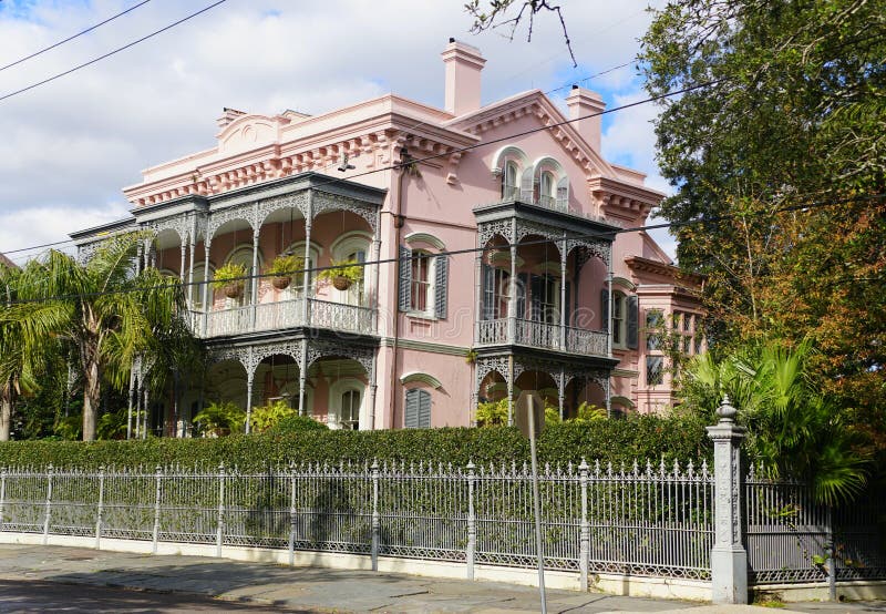 New Orleans, Louisiana, U.S.A - February 8, 2020 - A beautiful pink mansion near The Garden District royalty free stock photos