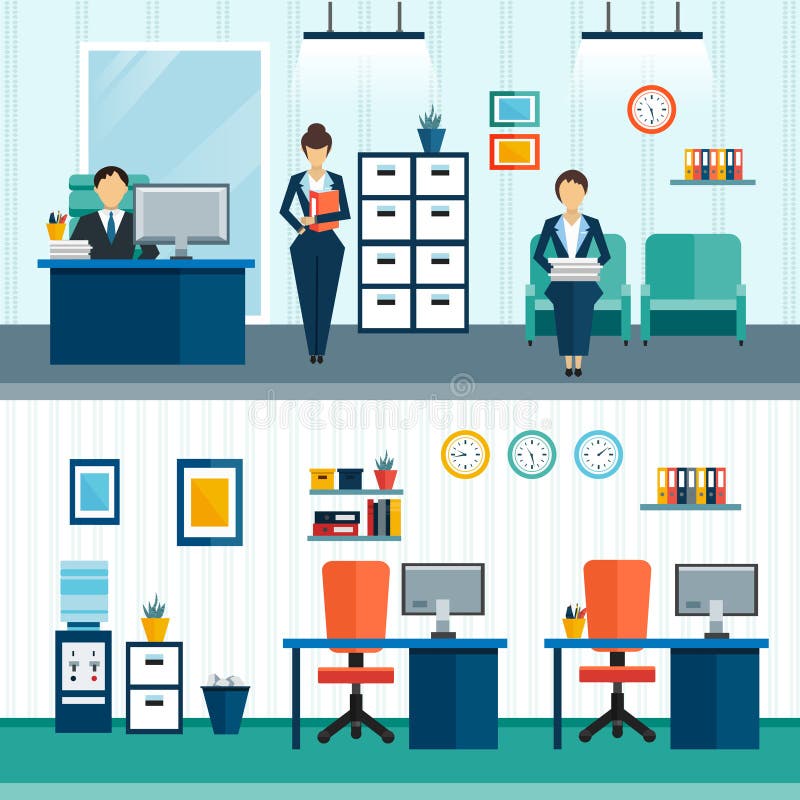 Office Interior Compositions. Two office interior compositions with interior furnishings in office and arrangement of furniture vector illustration royalty free illustration