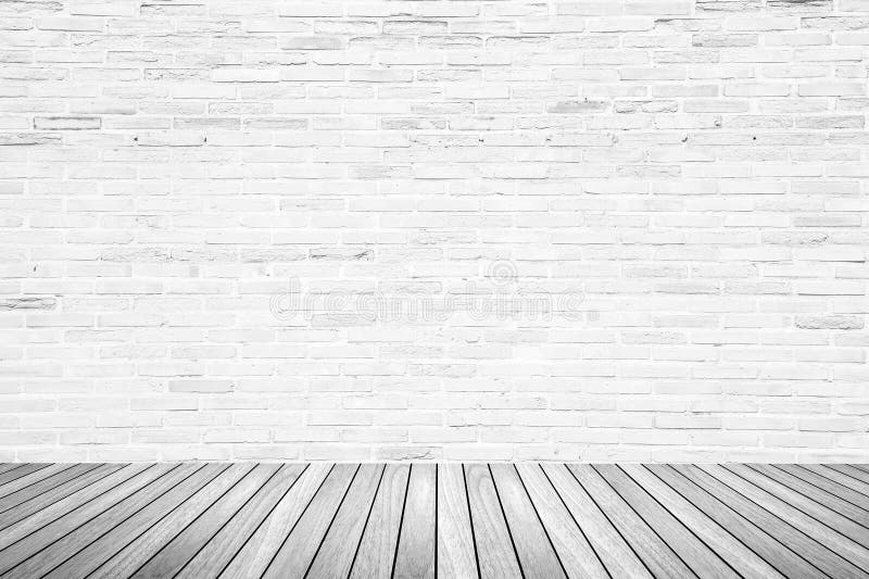 Old interior room with brick wall and wood floor. Old interior room with broken white brick wall and grunge wood floor texture in gray tone stock photos