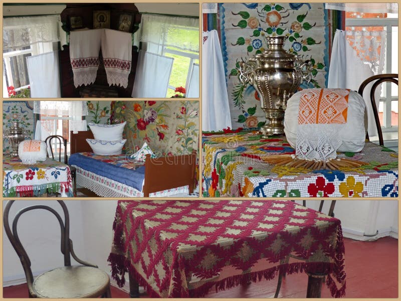Photo collage Clean White part of peasant`s house. Cenacle. Interior of a peasant izba. Ural painting is a unique folk art. Museum-reserve of wooden stock photography