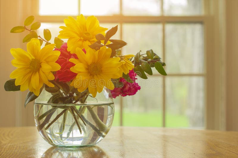 Pink spring flowers in vase with yellow and greens assorted together with open air window concept and nice weather outside with s. Unshine and copyspace stock images