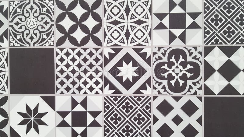 Portuguese tiles pattern Lisbon seamless black and white tile design in Azulejos vintage geometric stock photo